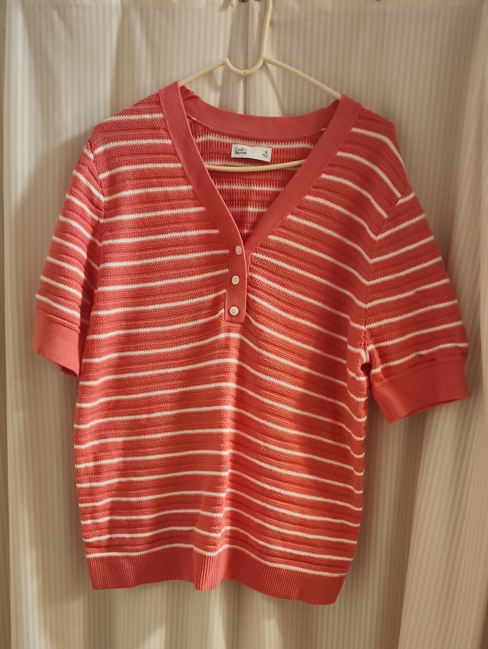 croft & barrow Coral and White Striped V‑Neck Short Sleeve Sweater